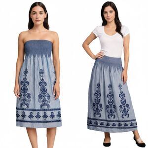 Lapis Anthropologie One Size Smocked Blue Floral Maxi Skirt Strapless Dress